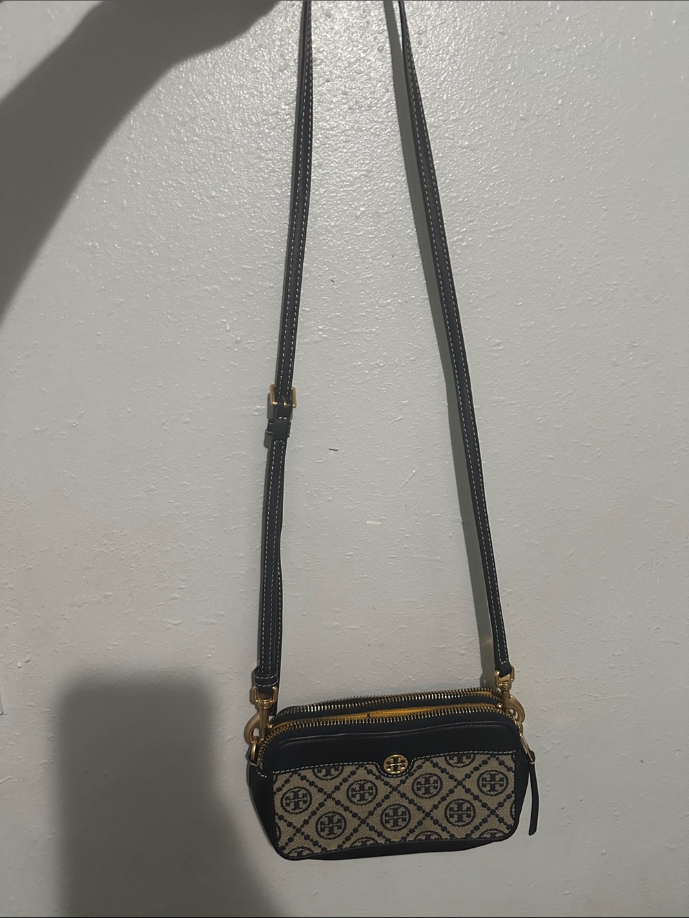 Tory Burch Black and Beige Jacquard Crossbody Camera Bag